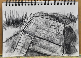 Charcoal. Pillbox, tne Fleet, Weymouth, collapsed entrance.